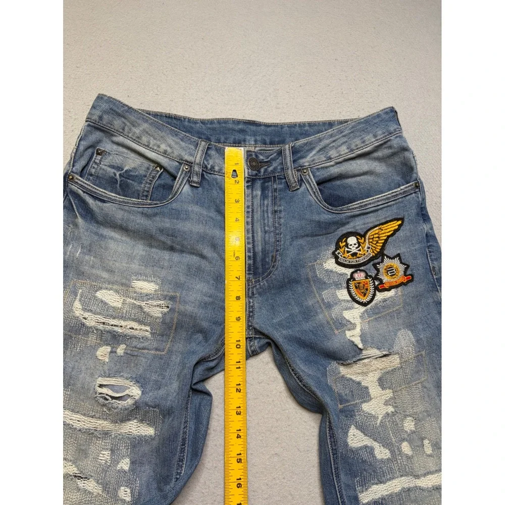 Buffalo David Bitton Jeans Mens 32x32 Blue Distressed Patched Straight Leg Denim